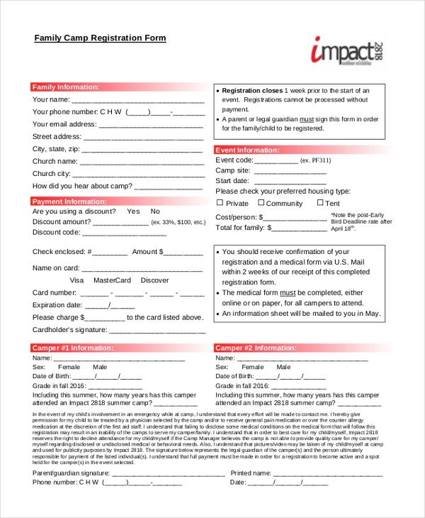 Camp Registration forms Sample Camp Registration form 11 Free Documents In Pdf