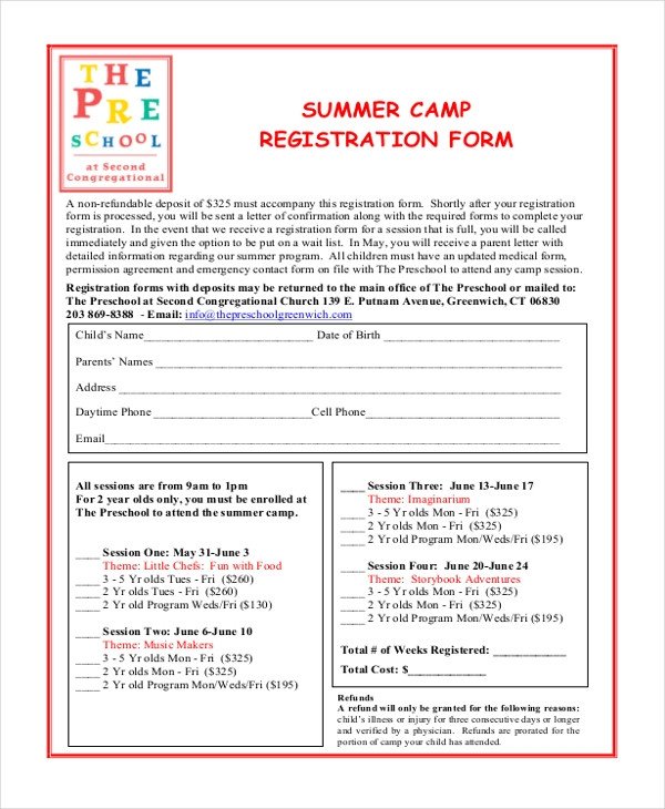 Camp Registration forms Sample Summer Camp Registration form 10 Free Documents