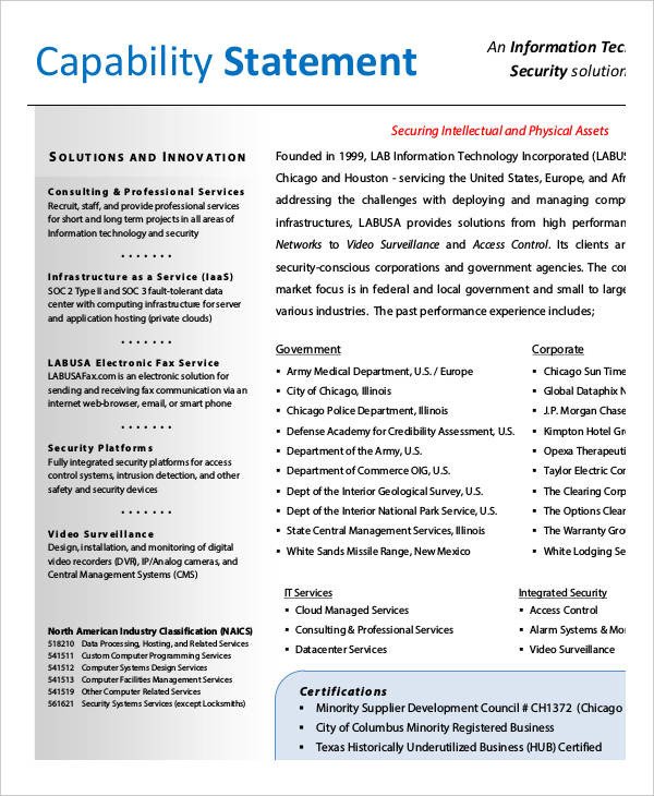 Capability Statement Template Free 12 Capability Statement Template Word Pdf Google Docs