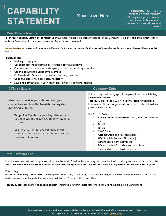 Capability Statement Template Free Capability Statement Editable Template Teal Tar Gov