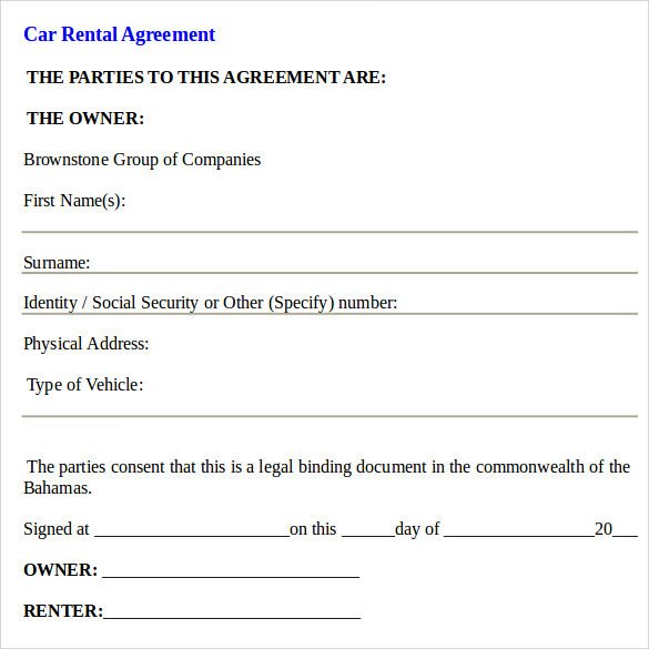 Car Rental Agreement Template Car Rental Agreement Templates 12 Free Documents In Pdf