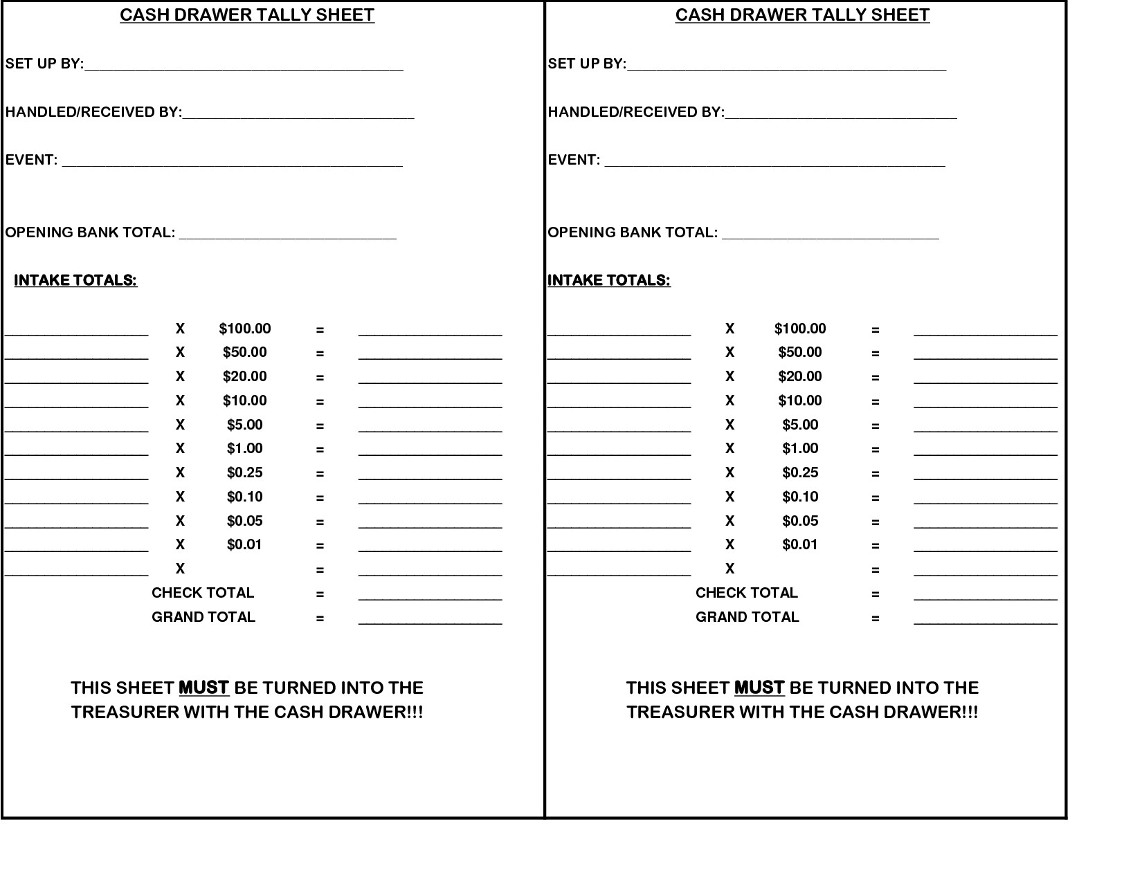 Cash Drawer Count Sheet Template Cash Register Till Balance Shift Sheet In Out Template