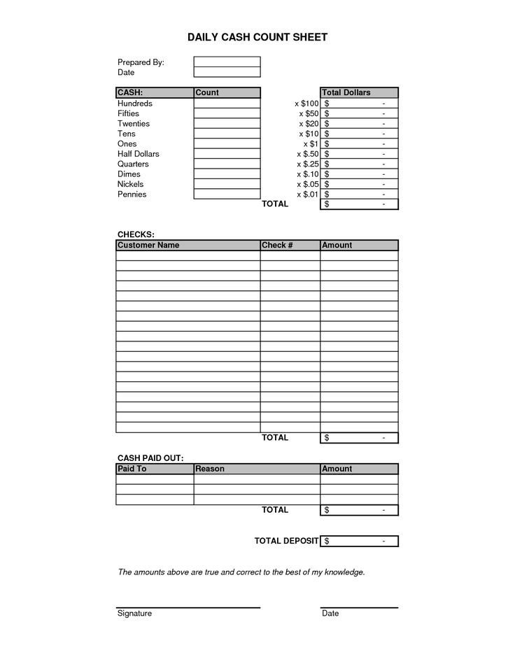 Cash Drawer Count Sheet Template Daily Cash Count Sheet Template