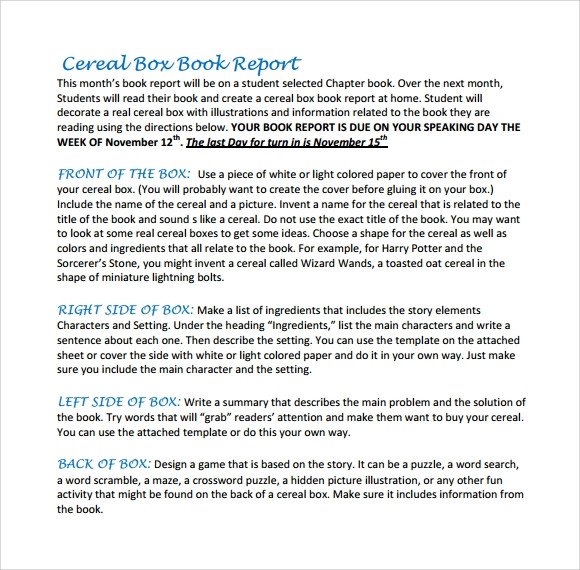 Cereal Box Book Report Template Sample Cereal Box Book Report 8 Documents In Pdf Word