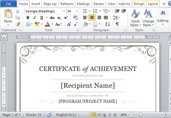 Certificate Of Achievement Template Word Certificate Achievement Template for Word 2013