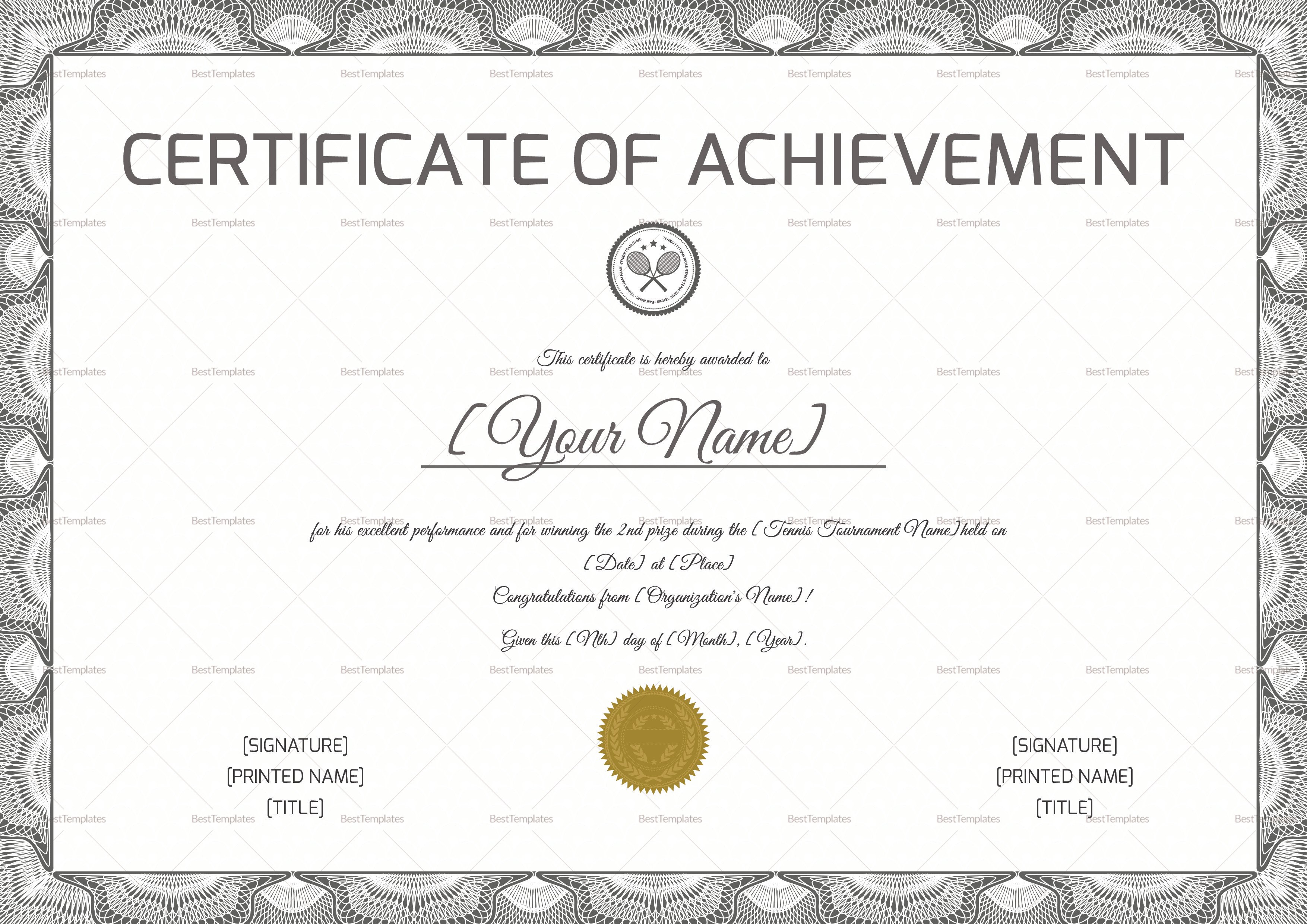 Certificate Of Achievement Template Word Tennis Achievement Certificate Design Template In Psd Word
