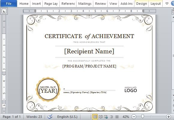 Certificate Of Achievement Word Template Certificate Achievement Template for Word 2013