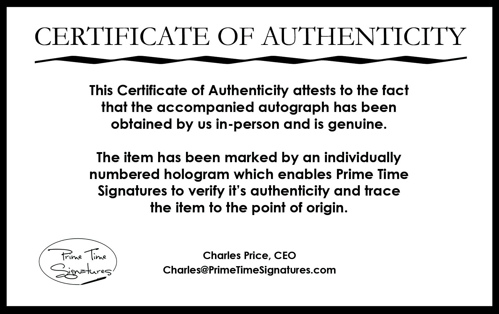 Certificate Of Authenticity Autograph Template Primetime Signatures Authenticity Verification