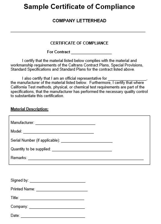 Certificate Of Compliance Template 8 Free Sample Professional Pliance Certificate