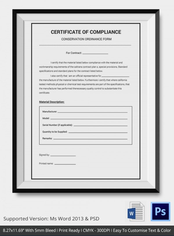 Certificate Of Compliance Template Certificate Of Pliance Template – 12 Word Pdf Psd