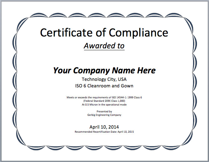 Certificate Of Compliance Template Pliance Certificate Template Microsoft Word Templates