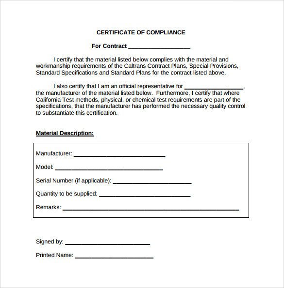 Certificate Of Compliance Template Sample Certificate Of Pliance 16 Documents In Pdf
