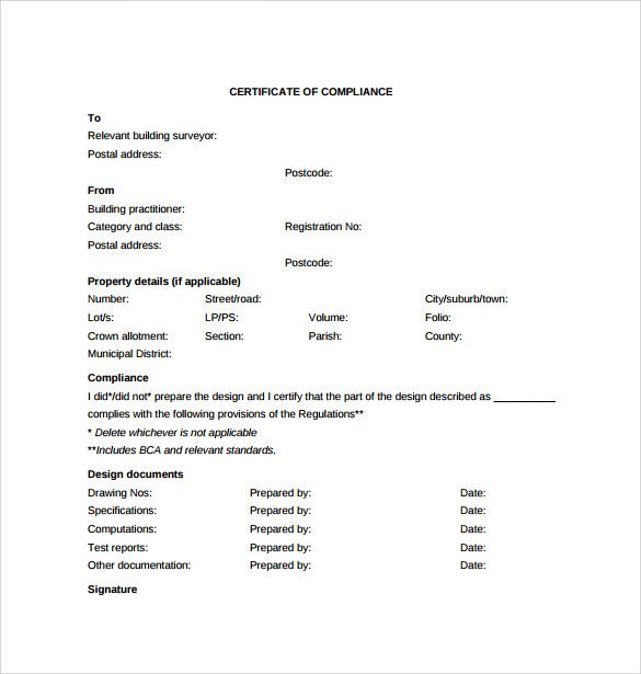 Certificate Of Compliance Template Sample Certificate Of Pliance 16 Documents In Pdf