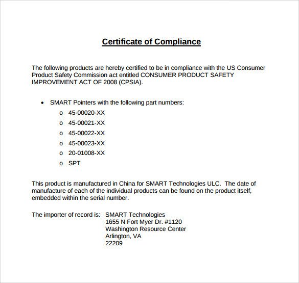 Certificate Of Compliance Template Sample Certificate Of Pliance 16 Documents In Pdf