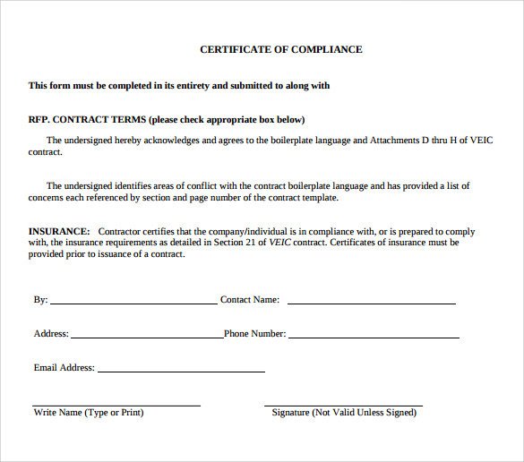 Certificate Of Compliance Template Sample Certificate Of Pliance 16 Documents In Pdf