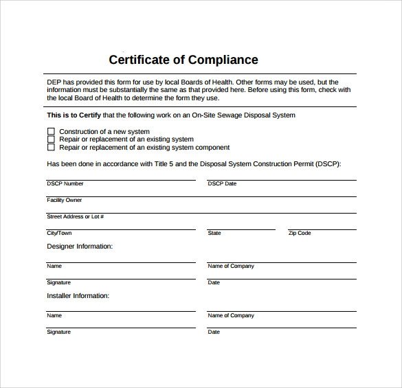 Certificate Of Compliance Template Sample Certificate Of Pliance 16 Documents In Pdf