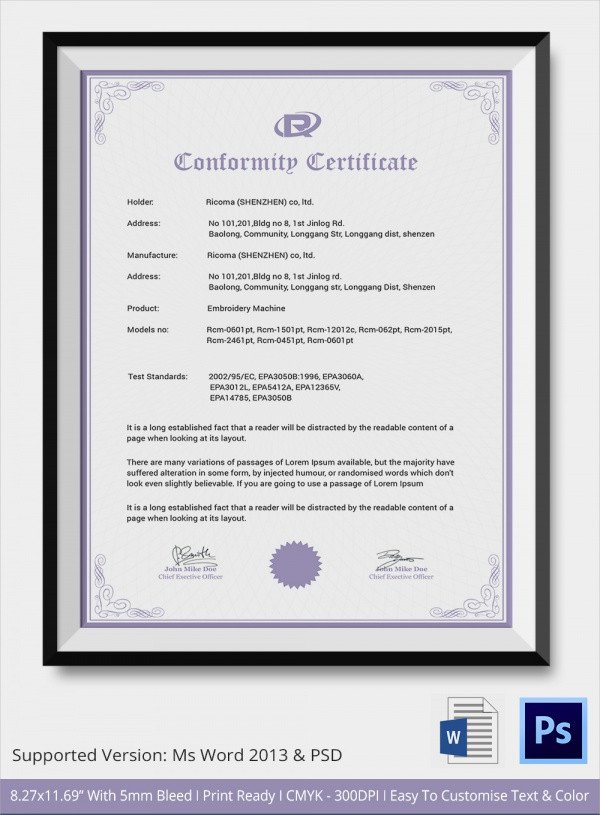 Certificate Of Conformance Template Sample Certificate Of Conformance 21 Documents In Pdf