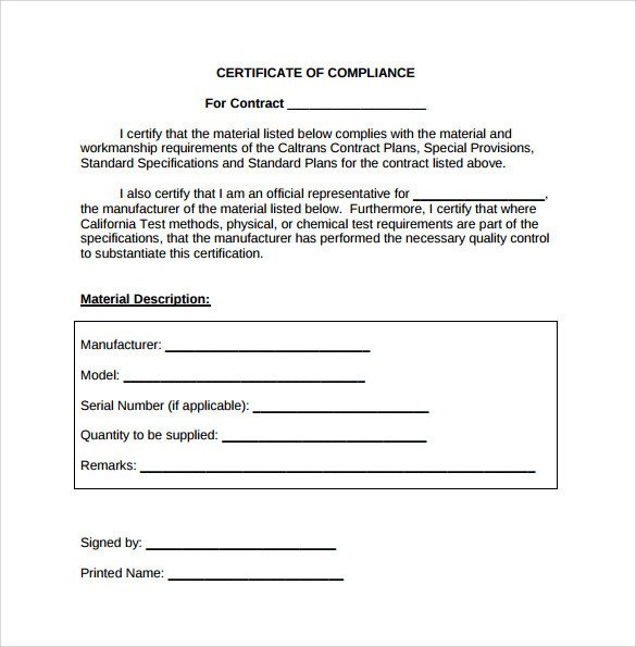 Certificate Of Conformity Template Sample Certificate Of Pliance 16 Documents In Pdf
