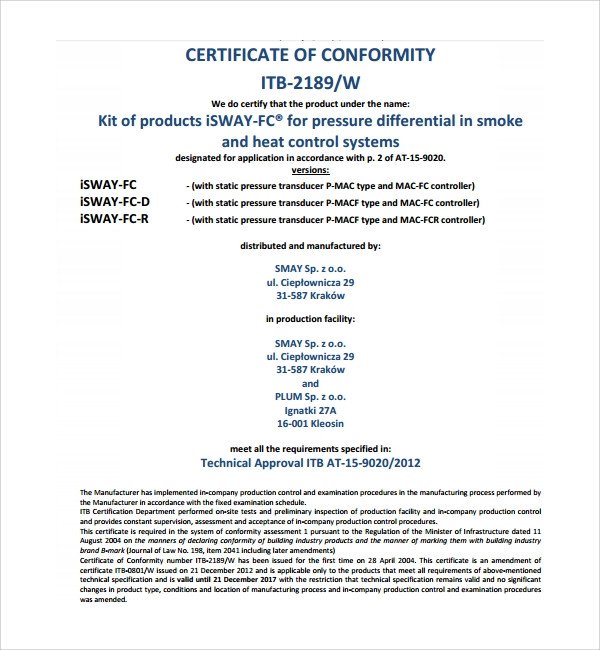 Certificate Of Conformity Template Sample Conformity Certificate Template 8 Free Documents