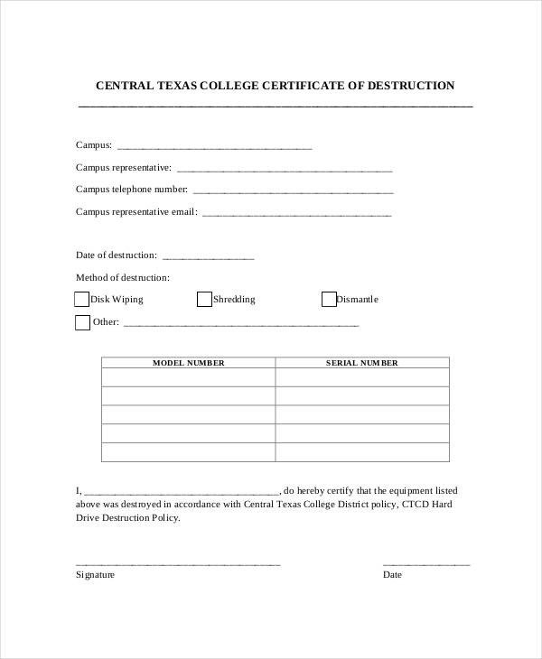 Certificate Of Destruction Template 21 Of Records Destruction Log Template