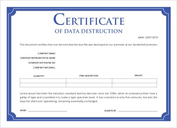 Certificate Of Destruction Template Certificate Templates