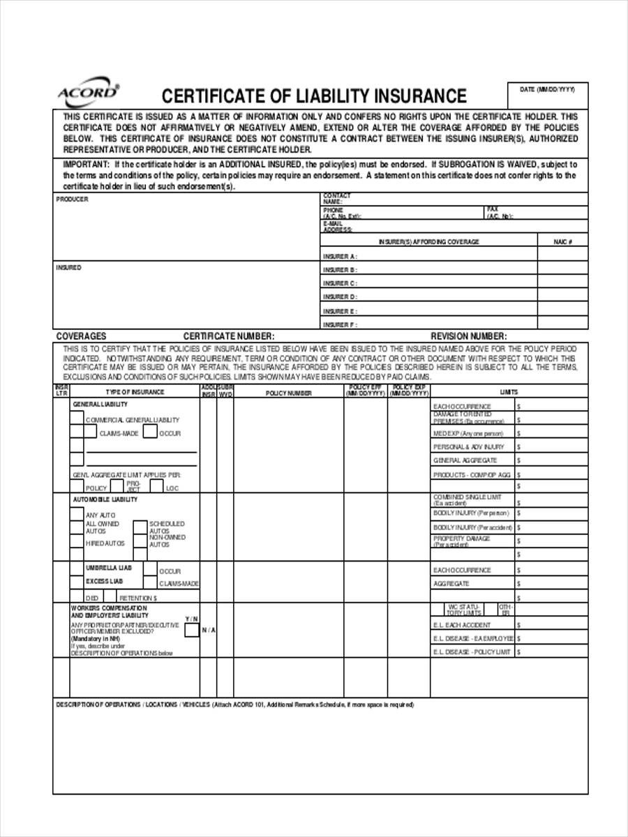 Certificate Of Insurance Template 22 Liability form Templates