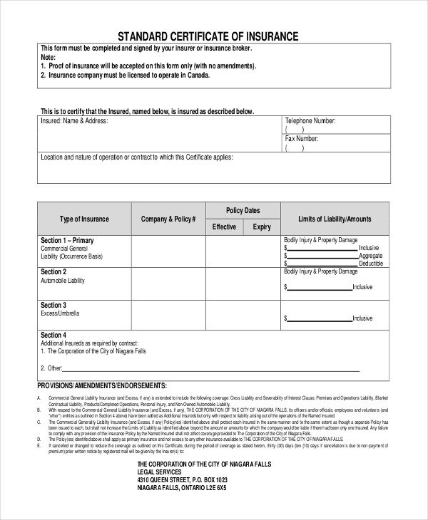 Certificate Of Insurance Template Auto Insurance Certificate Template Templates Resume