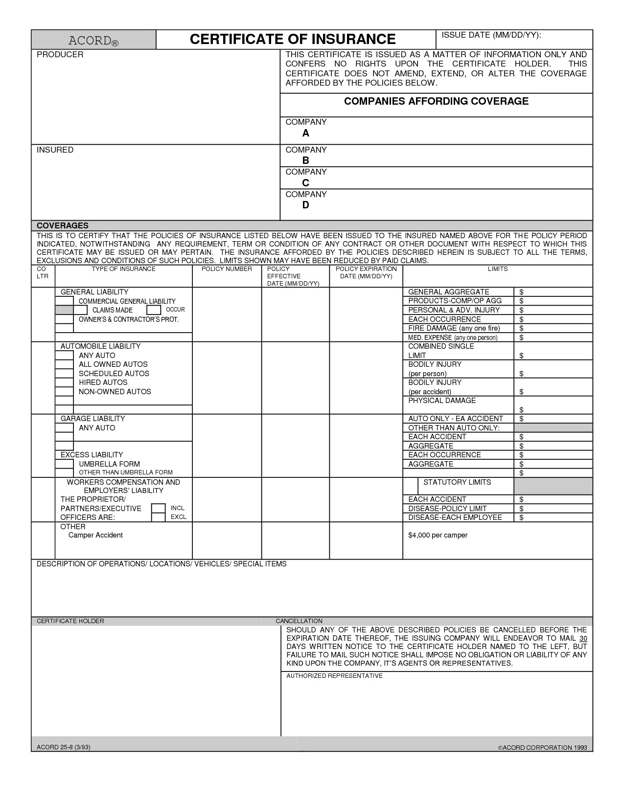 Certificate Of Insurance Template Blank Acord Certificate Insurance