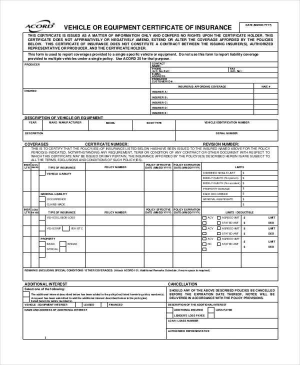 Certificate Of Insurance Template Certificate form Templates