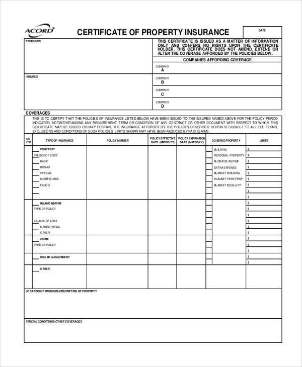 Certificate Of Insurance Template Certificate form Templates