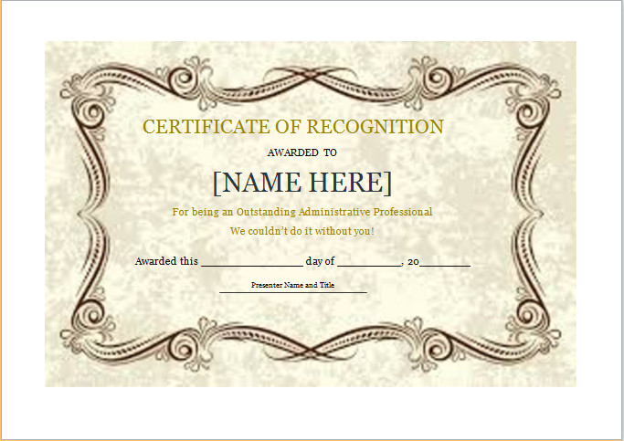 Certificate Of Recognition Template Certificate Of Recognition Template for Word
