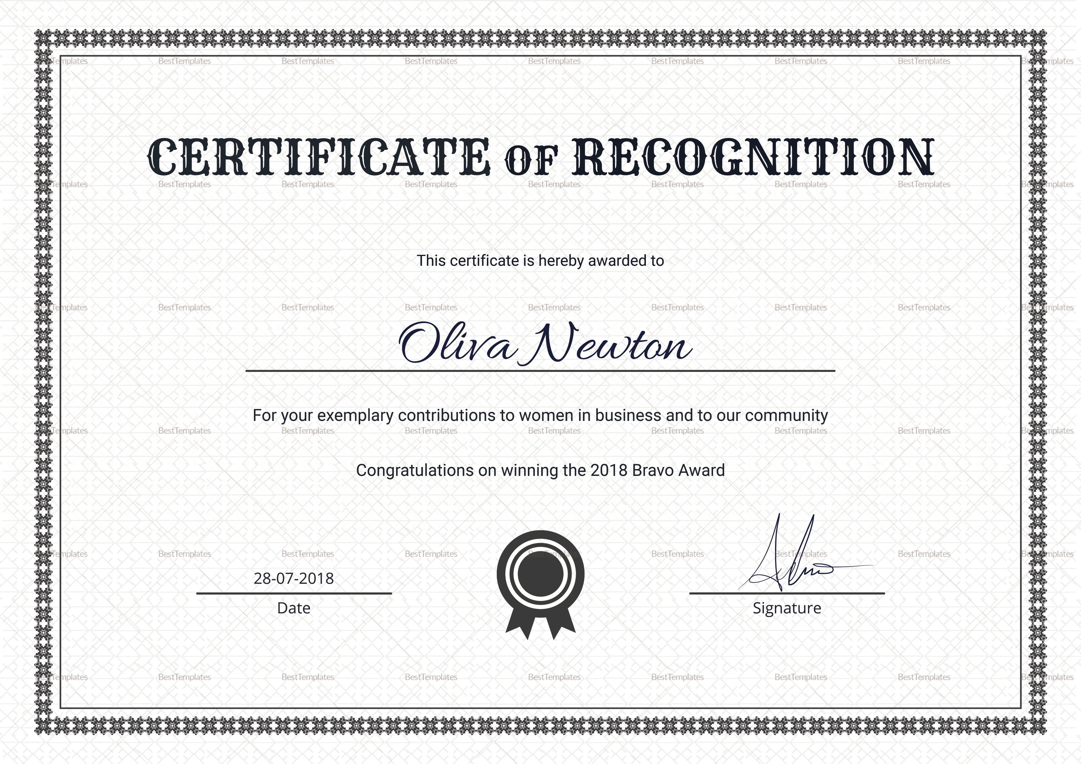 Certificate Of Recognition Template Word Simple Certificate Of Recognition Design Template In Psd Word