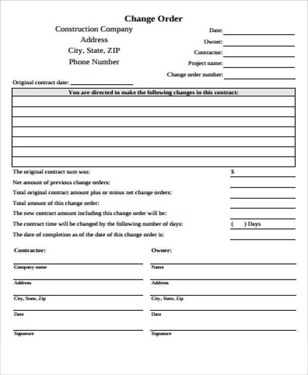 Change order forms Template Sample Construction Change order form 7 Examples In