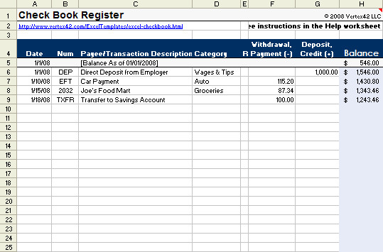 Check Register Template Excel Checkbook Template