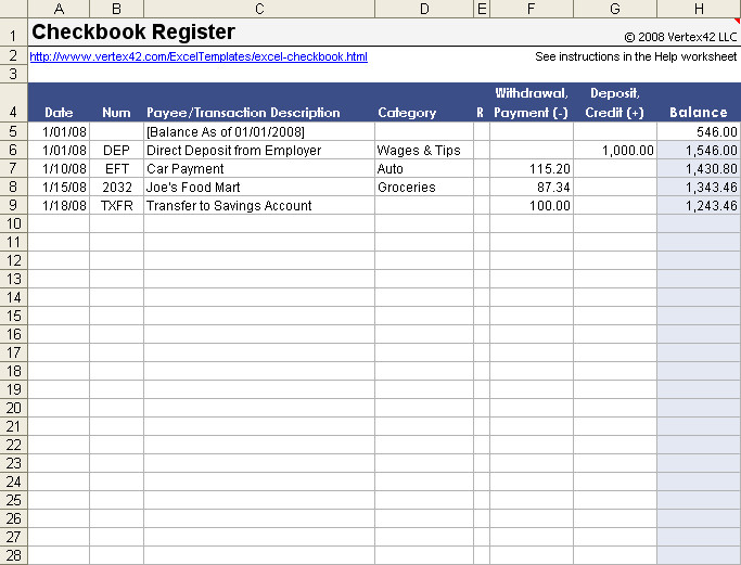 Check Register Template Excel Free Excel Checkbook Register Printable