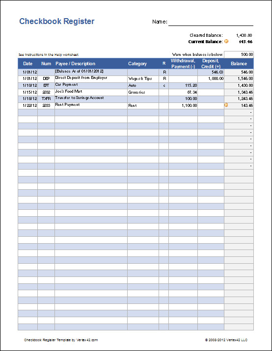 Check Register Template Excel Free Excel Checkbook Register Printable