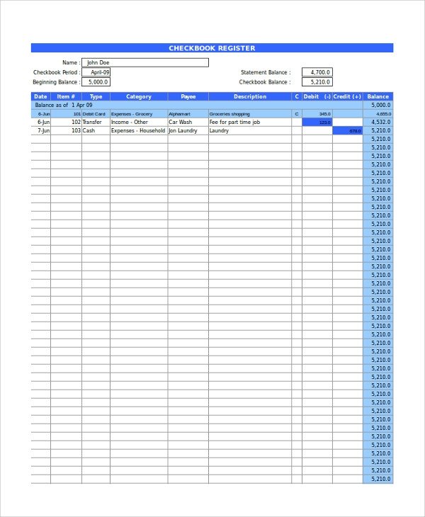 Check Register Template Excel Sample Checkbook Register 9 Examples In Pdf Word Excel