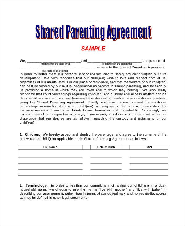 Child Custody Agreements Templates Parenting Agreement Templates 8 Free Pdf Documents