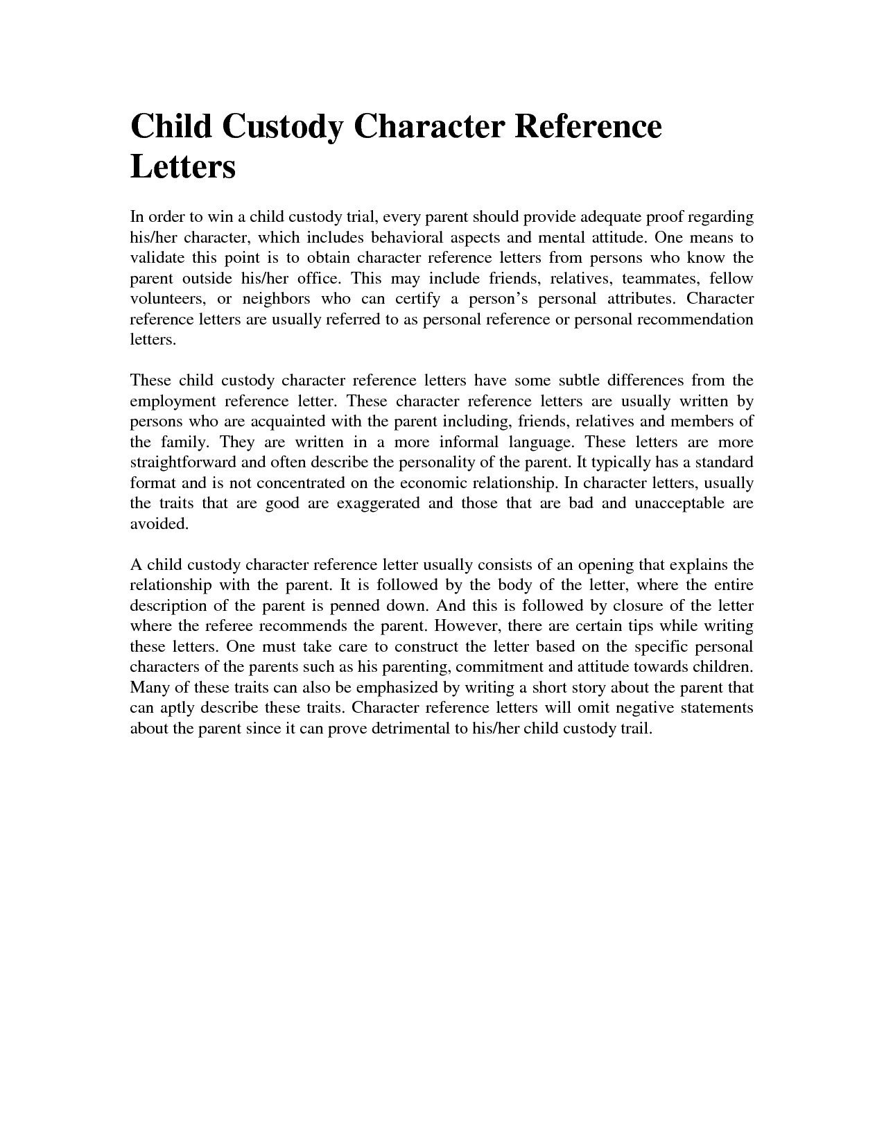 Child Custody Letter Template Character Reference Letter for Court Child Custody