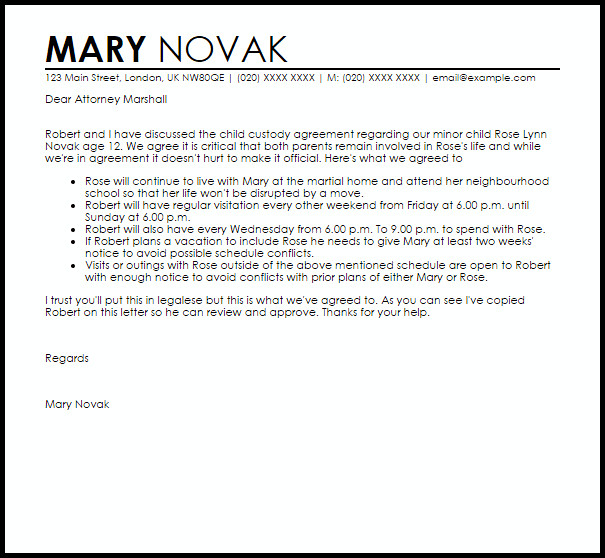 Child Custody Letter Template Child Custody Agreement Letter Example
