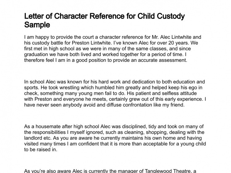 Child Custody Letter Template Sample Character Reference for Child Custody