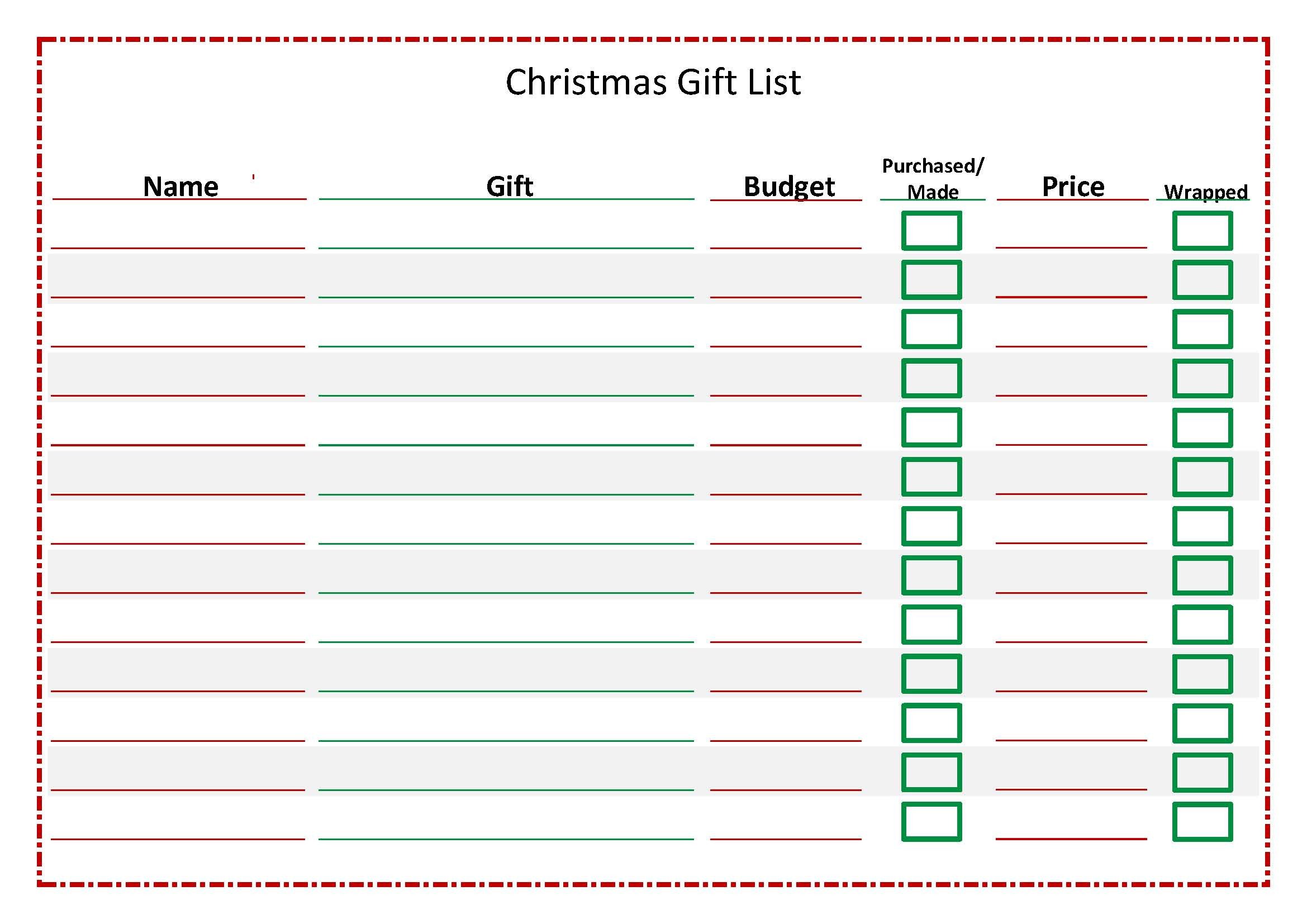 Christmas Gift List Template Christmas T List