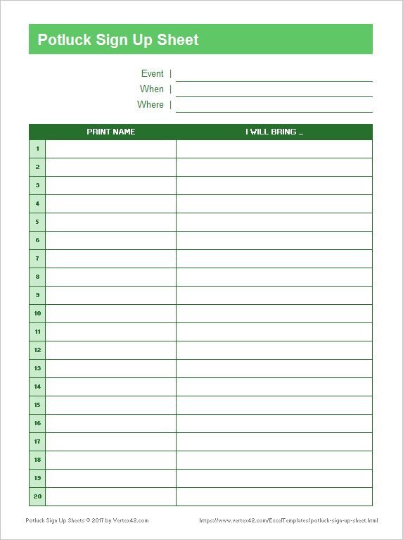 Christmas Potluck Signup Sheet A Simple Printable Potluck Sign Up Sheet From Vertex42