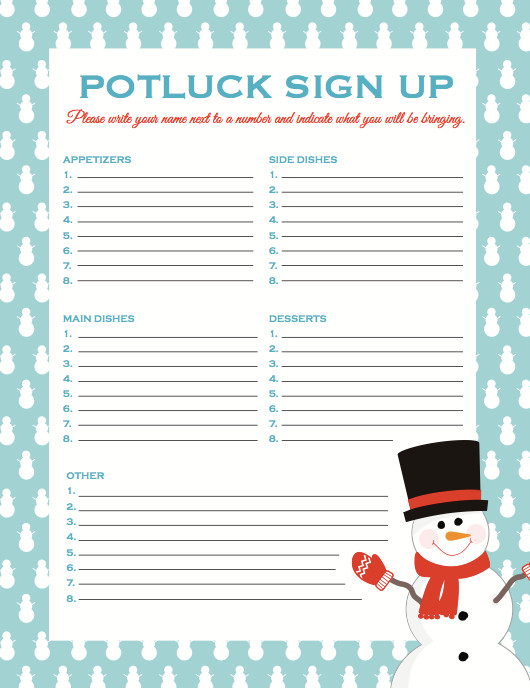 Christmas Potluck Signup Sheet Potluck Signup Sheet