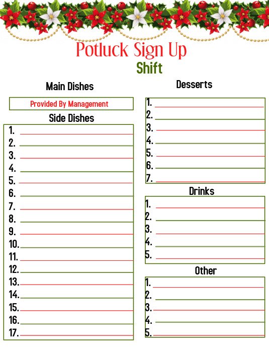 Christmas Potluck Signup Sheet Template Potluck Sign Up Template