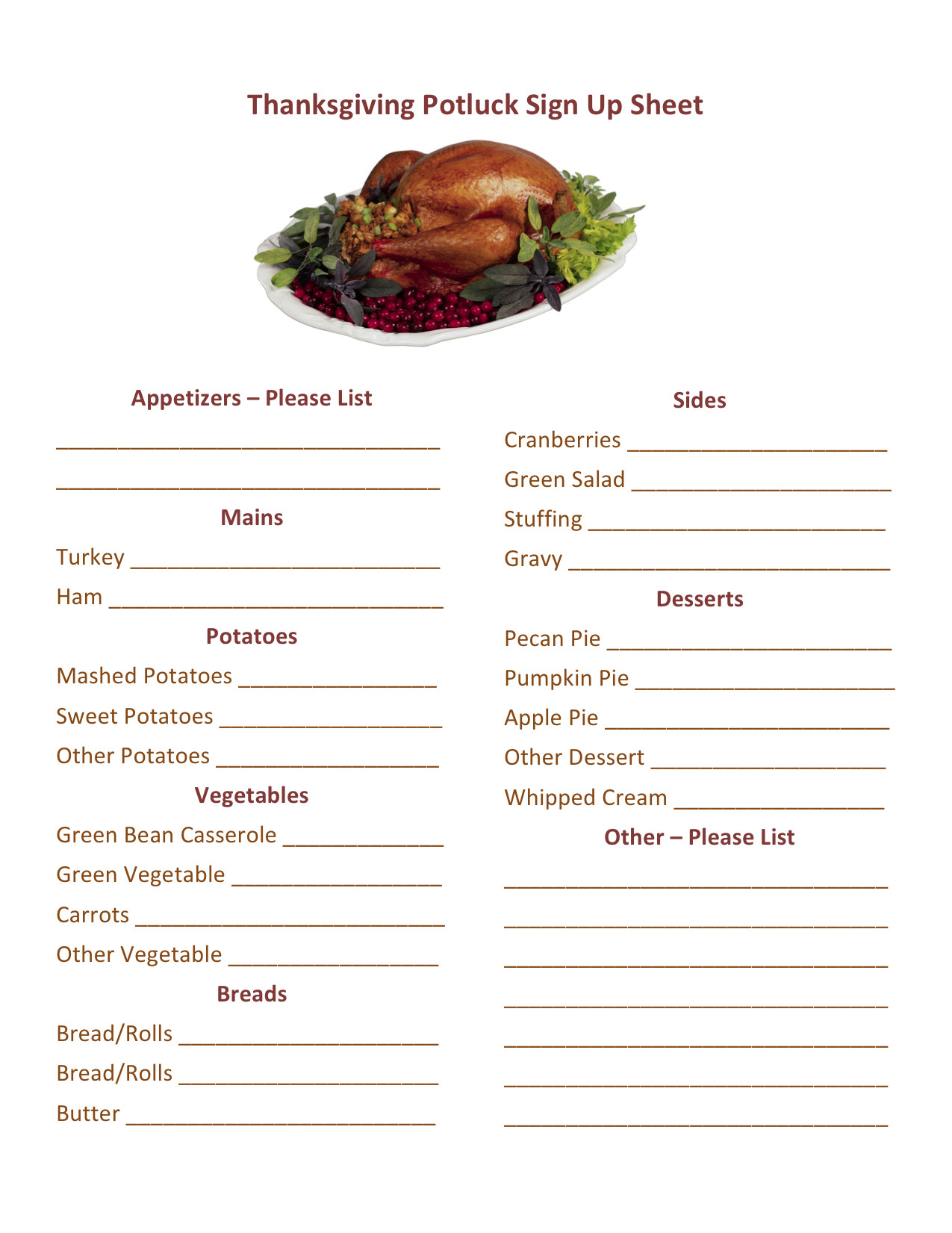 Christmas Potluck Signup Sheet Thanksgiving Potluck Sign Up Printable
