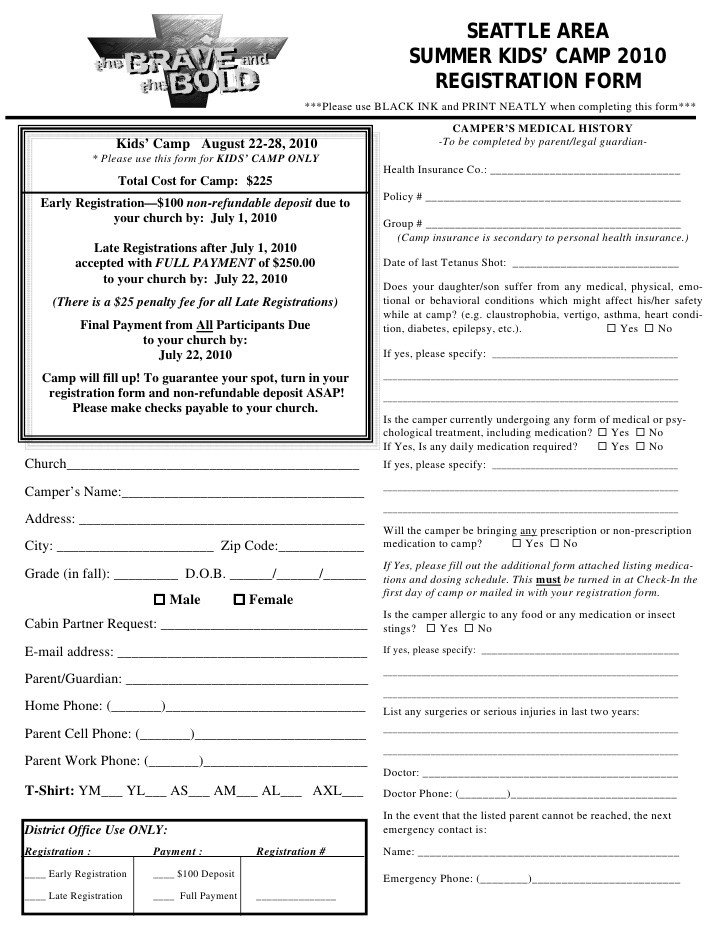 Church Camp Registration form Template Kids Camp Registration form