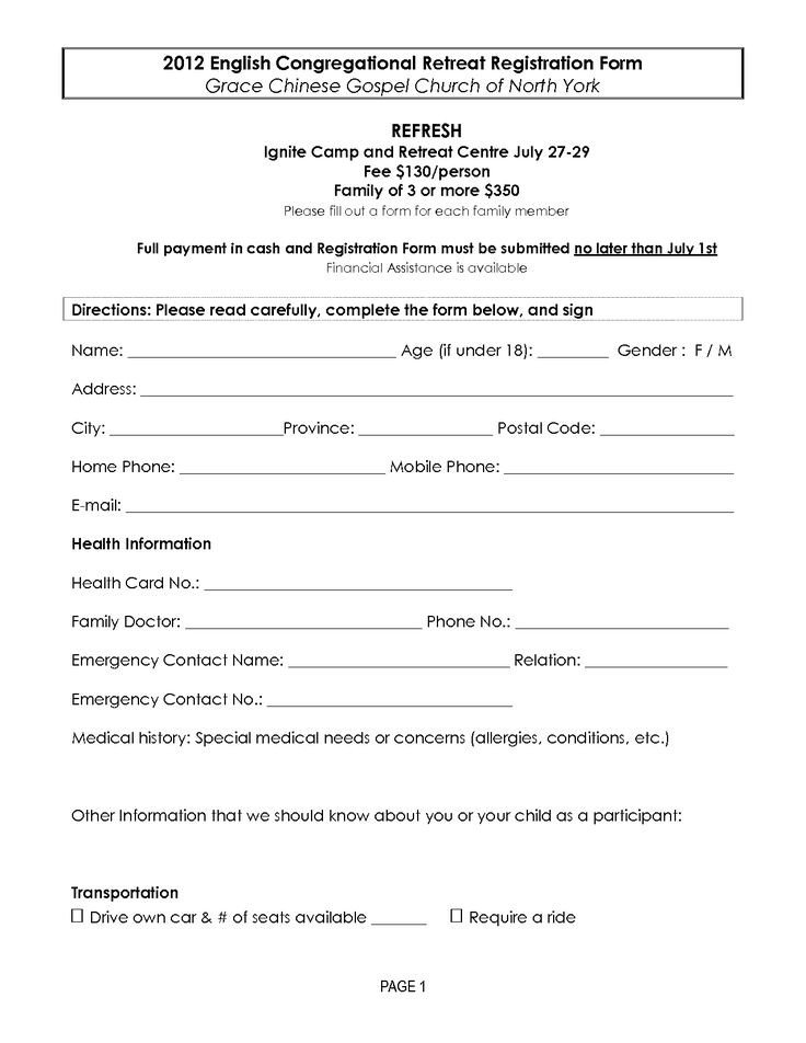 Church Camp Registration form Template Retreat Registration forms