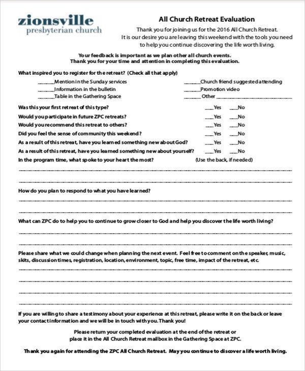 Church Camp Registration form Template Sample Retreat Evaluation form 9 Examples In Word Pdf