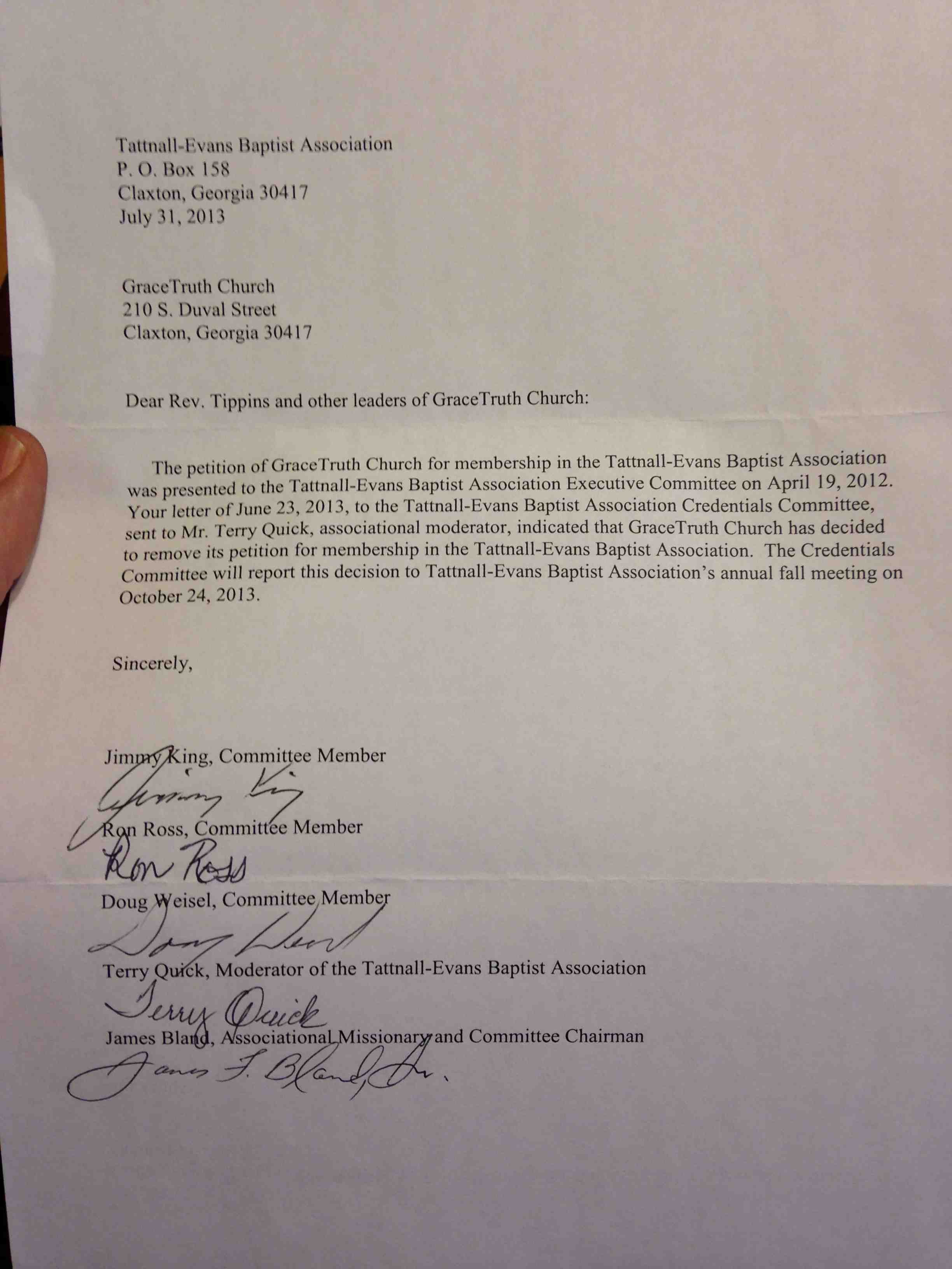 Church Membership withdrawal Letter the Sinful Abuse Of the Tattnall Evans Baptist association